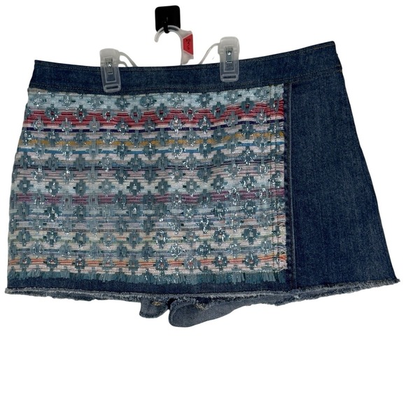 Ramy Brook Denim Wrap Skirt Flap Aztec Woven Panel Boho Sz 10 Bohemian western - Picture 3 of 9